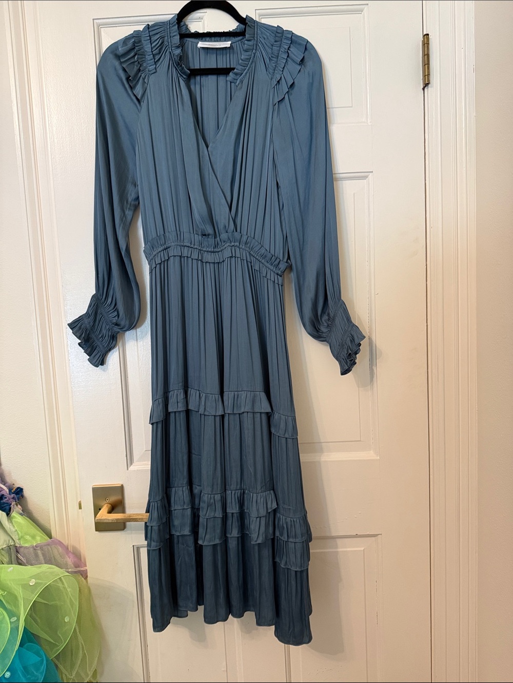 Tiered Ruffle Midi Dress in Dusty Blue